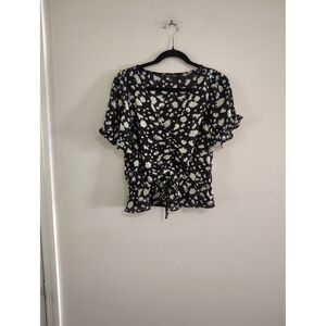 Moa Moa Womens XL Black Daisy Floral Ruched Front Peplum Top Short Sleeve Blouse